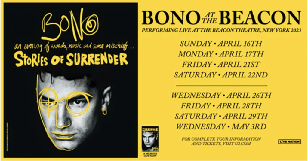 Bono ‘Stories Of Surrender’ Adds New Dates at NYC’s iconic Beacon Theatre, starting April 16, 2023
